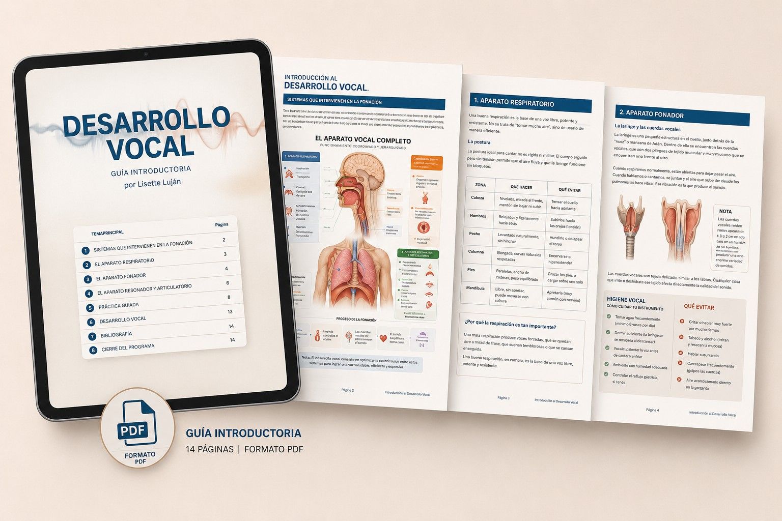 Guía introductoria de Desarrollo Vocal en tablet y páginas impresas